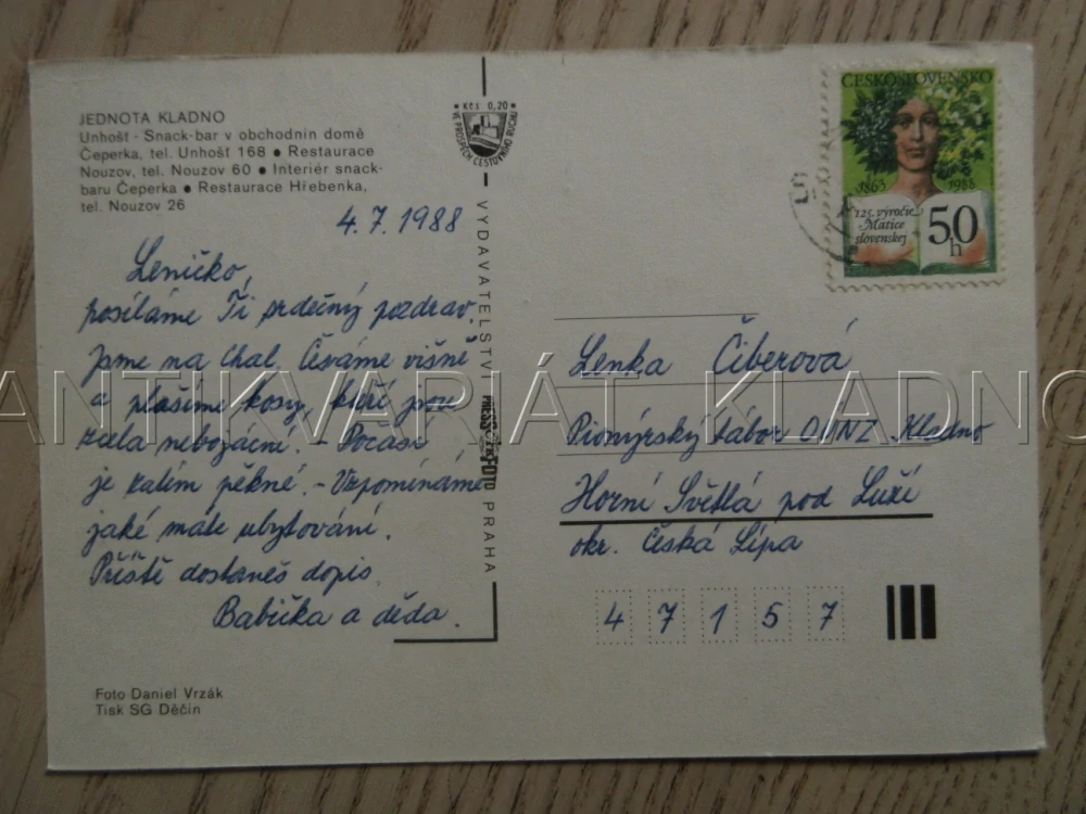 JEDNOTA KLADNO, UNHOŠŤ, RESTAURACE NOUZOV, OBCHODNÍ DŮM ČEPERKA, OKRES KLADNO, POHLEDNICE 901