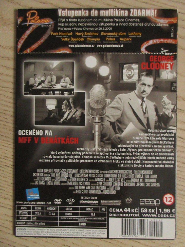DOBROU NOC A HODNĚ ŠTĚSTÍ, D. STRATHAIRN, G. CLOONEY, DVD FILM