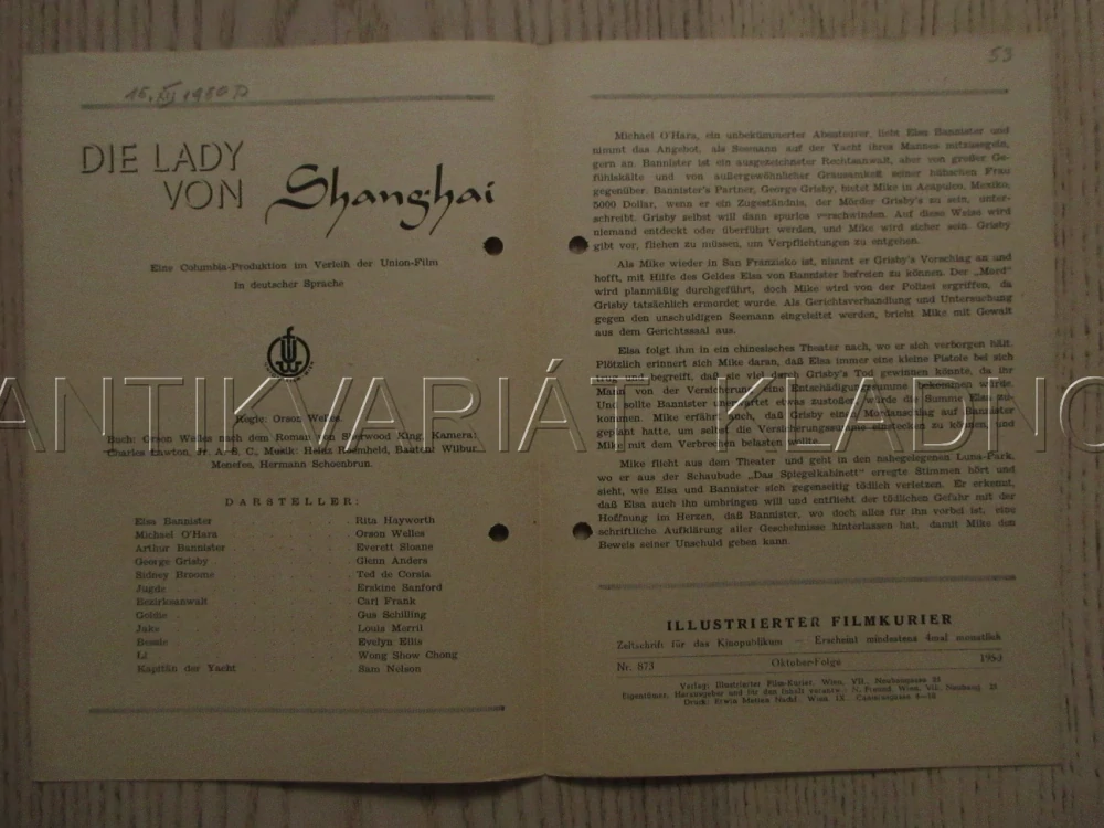DÁMA ZE ŠANGHAJE, R. HAYWORTH, O. WELLES, G. ANDERS, FILM USA, FILM KURIER VBŠ Č. 815