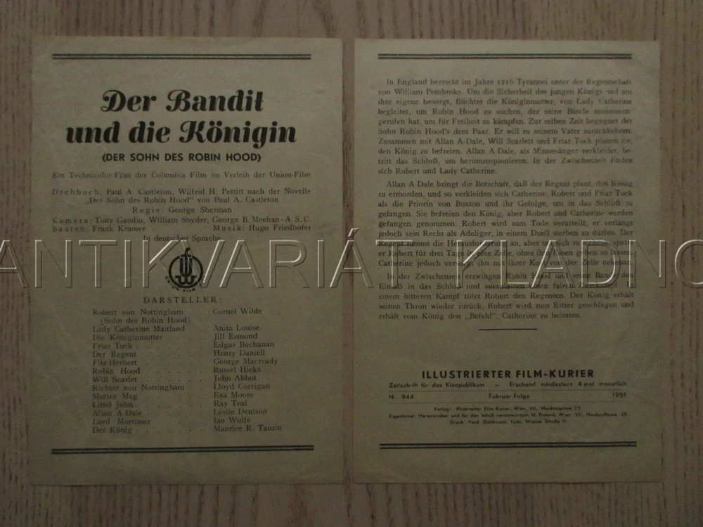 THE BANDIT OF SHERWOOD FOREST, C. WILDE, A. LOUISE, G. MACREADY, FILM USA, FILM KURIER VBŠ Č. 942