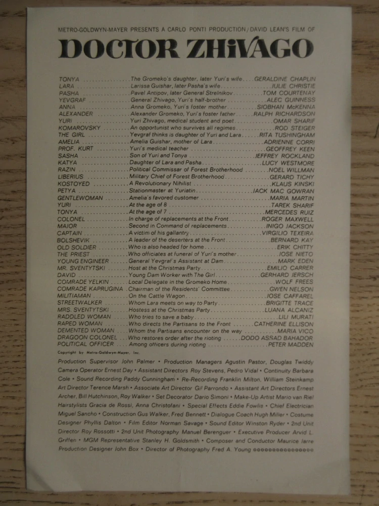 DOKTOR ŽIVAGO, J. CHRISTIE, G. CHAPLIN, FILMOVÝ LETÁK