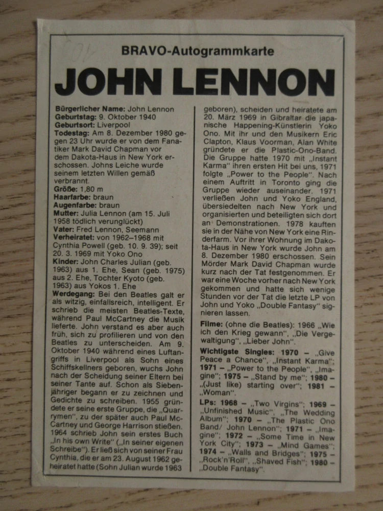 LENNON JOHN, THE BEATLES, KARTIČKA BRAVO