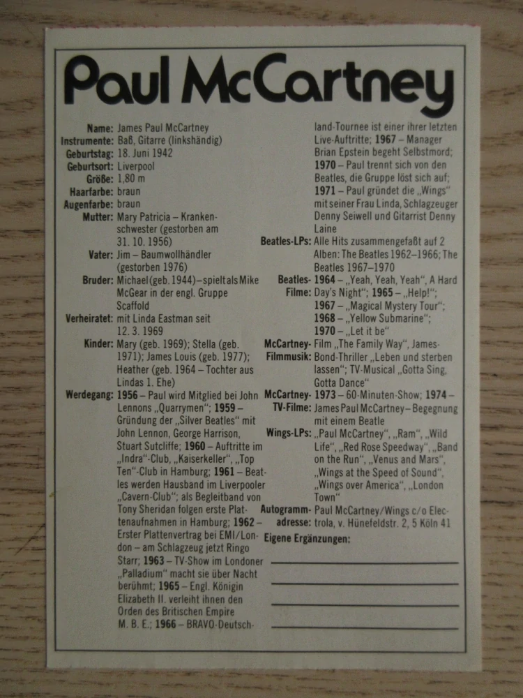 MCCARTNEY PAUL, THE BEATLES, KARTIČKA BRAVO