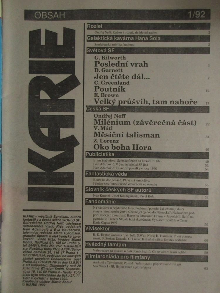IKARIE, MĚSÍČNÍK SCIENCE FICTION, 1/1992, **an 
