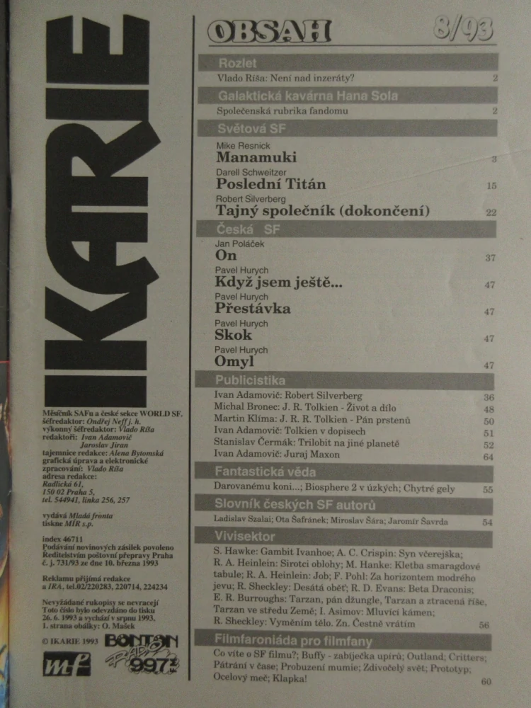 IKARIE, MĚSÍČNÍK SCIENCE FICTION, 8/1993, **an 