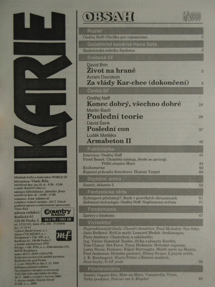 IKARIE, MĚSÍČNÍK SCIENCE FICTION, 6/2000, **an 