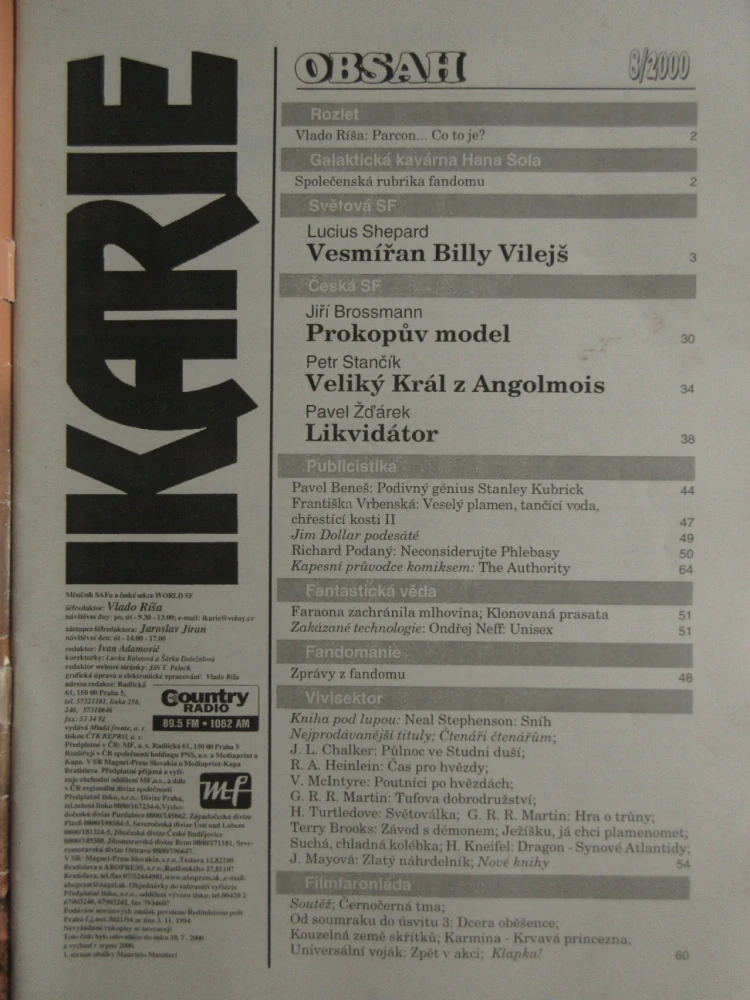 IKARIE, MĚSÍČNÍK SCIENCE FICTION, 8/2000, **an 
