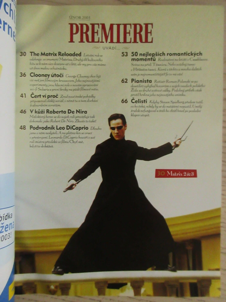 FILMOVÝ ČASOPIS PREMIERE, MATRIX 2 A 3, L. DICAPRIO, G. CLOONEY, ČELISTI, PIANISTA, ÚNOR/2003