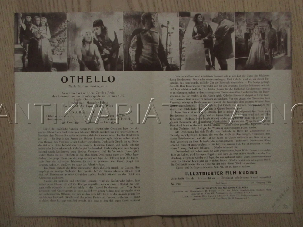 OTHELLO, O. WELLES, S. CLOUTIER, FILM USA, FILM KURIER VBŠ Č. 2541