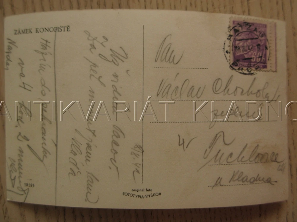 ZÁMEK KONOPIŠTĚ, SOCHA LOVCE SE DVĚMA PSY, OKRES BENEŠOV, POHLEDNICE 1222