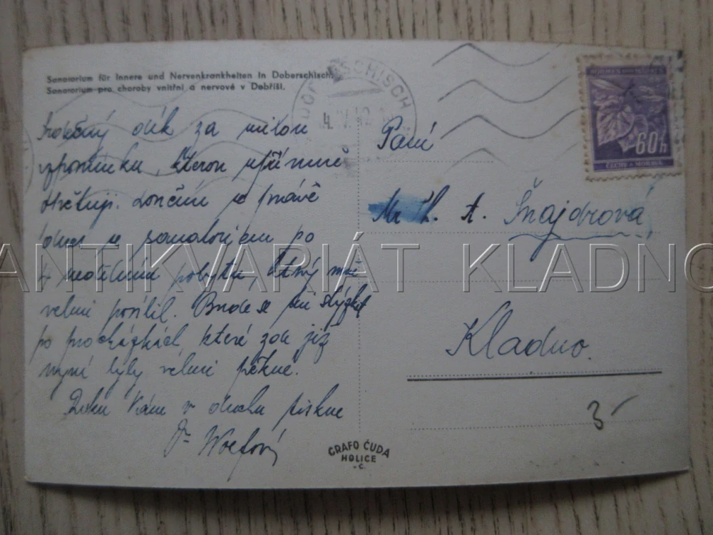 SANATORIUM PRO CHOROBY VNITŘNÍ A NERVOVÉ V DOBŘÍŠI, OKRES PŘÍBRAM, POHLEDNICE 1923