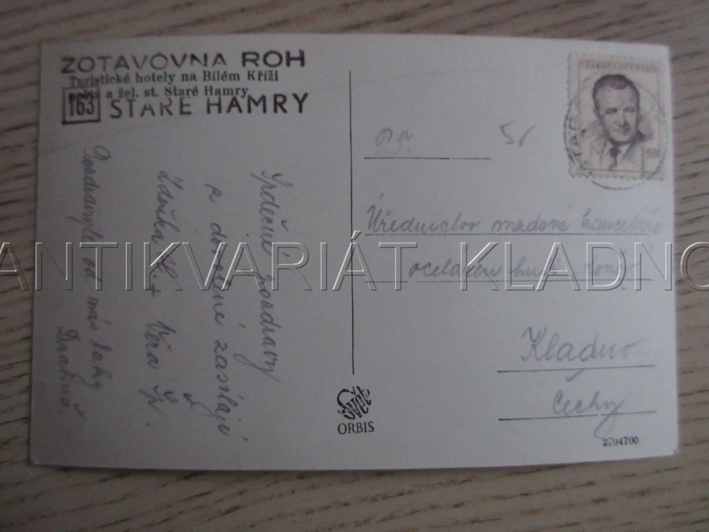 TURISTICKÉ HOTELY NA BÍLÉM KŘÍŽI, POŠTA A ŽEL. STANICE STARÉ HAMRY, RAZÍTKO ZOTAVOVNA ROH STARÉ HAMRY, OKRES FRÝDEK-MÍSTEK, POHLEDNICE 1939