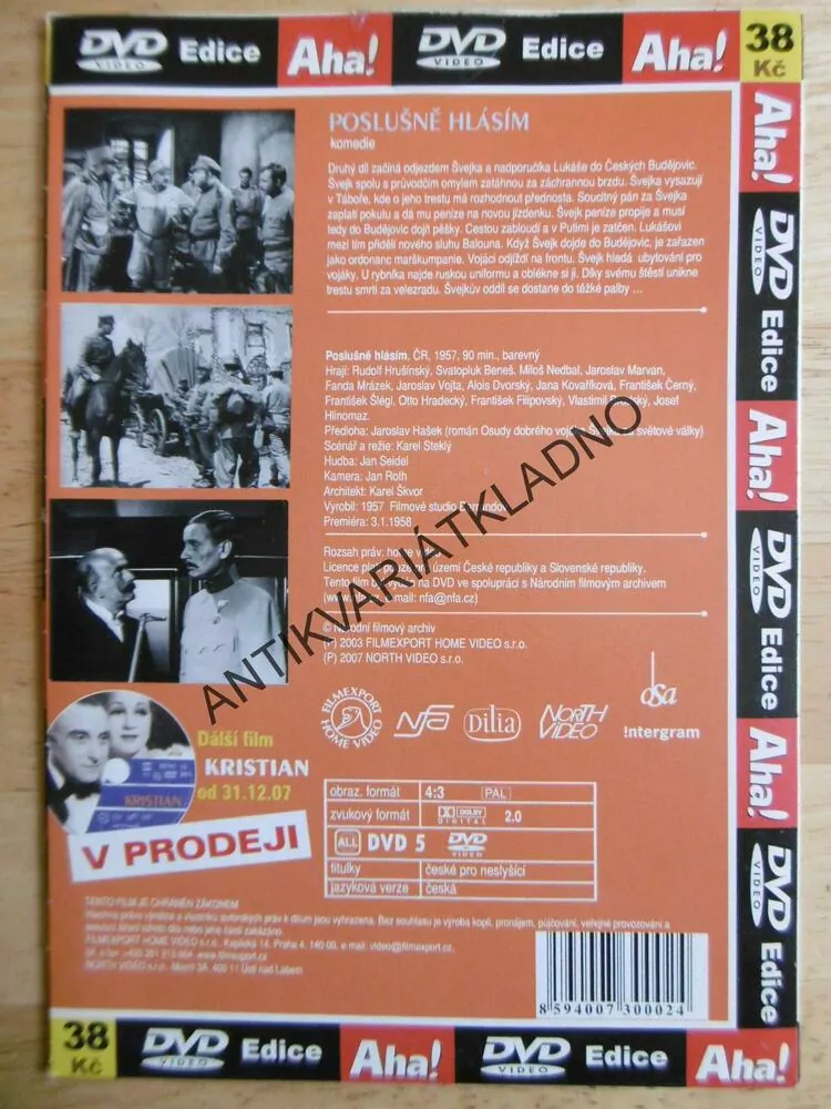 POSLUŠNĚ HLÁSÍM,ŠVEJK, DVD FILM  ČR