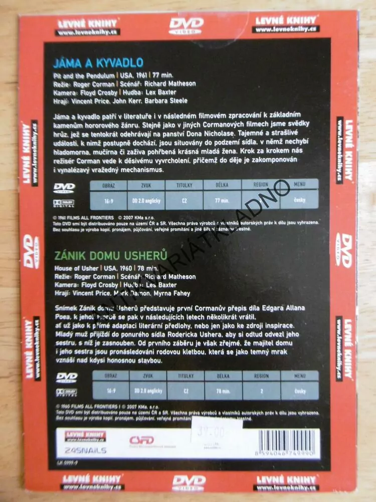 JÁMA A KYVADLO, ZÁNIK DOMU USHERŮ, DVD FILM