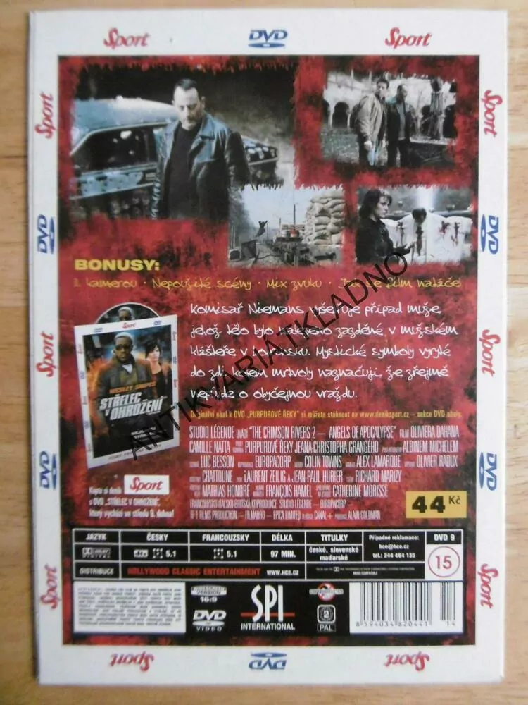 PURPUROVÉ ŘEKY, ANDĚLÉ APOKALYPSY, JEAN RENO, DVD FILM