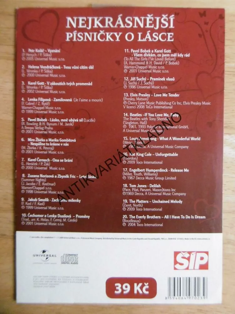 NEJKRÁSNĚJŠÍ PÍSNIČKY O LÁSCE, KAREL GOTT, BEATLES, ELVIS PRESLEY,VONDRÁČKOVÁ, AJ., CD