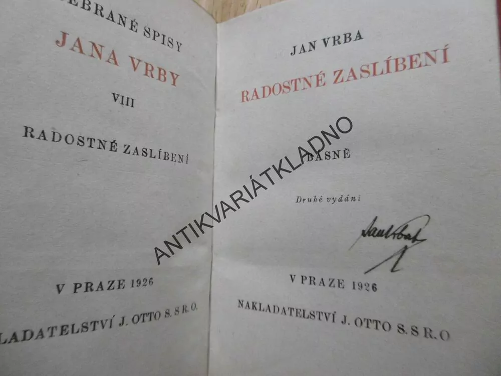 JAN VRBA - AUTOGRAM, RADOSTNÉ ZASLÍBENÍ, 1926