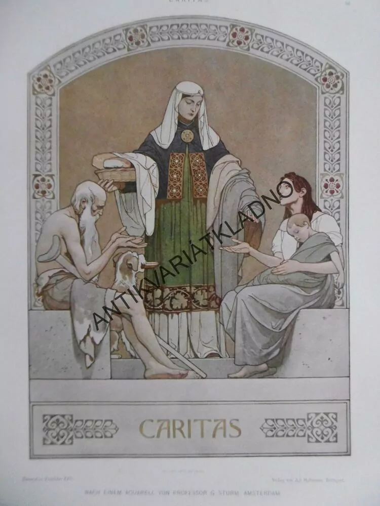 DEKORATIVNÍ TISK 1904 - CHARITA, CHUDÍ LIDÉ, ALMUŽNA, ŽEBRÁNÍ, MUŽ, PES, ŽENA DÍTĚ