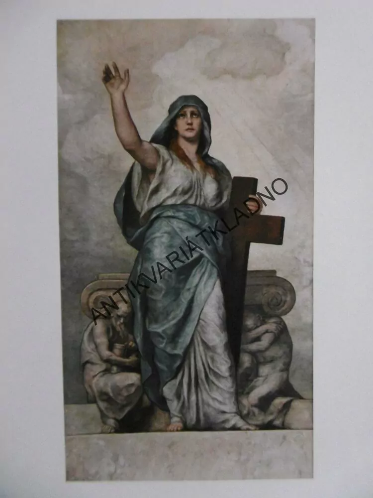 DEKORATIVNÍ TISK 1915 - THEOLOGIE, NÁBOŽENSTVÍ, ŽENA S KŘÍŽEM,
