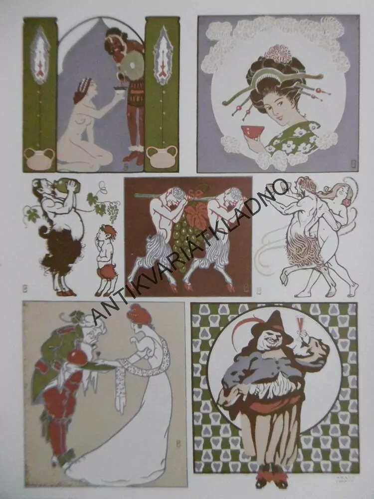 DEKORATIVNÍ TISK 1915 - VINĚTY, ETIKETY, VÍNO, AKT EROTIKA, ŽENA, 