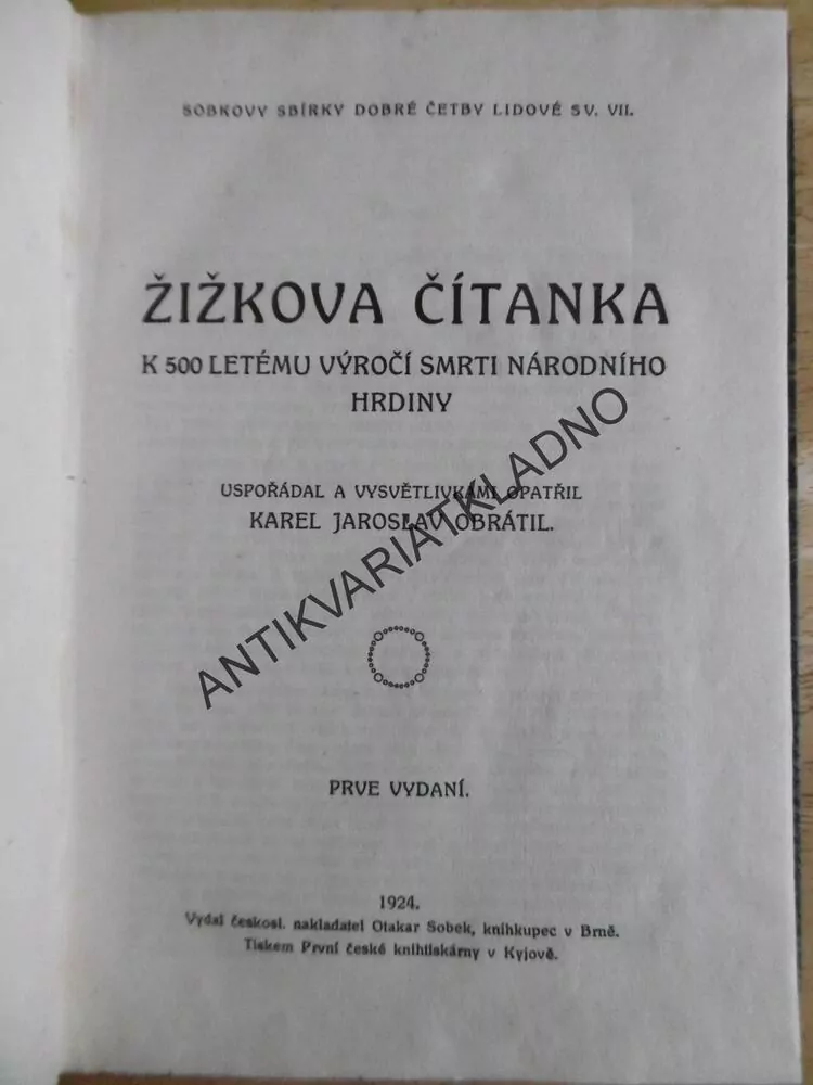 JAN ŽIŽKA, ŽIŽKOVA ČÍTANKA, 1924, J. OBRÁTIL, **an