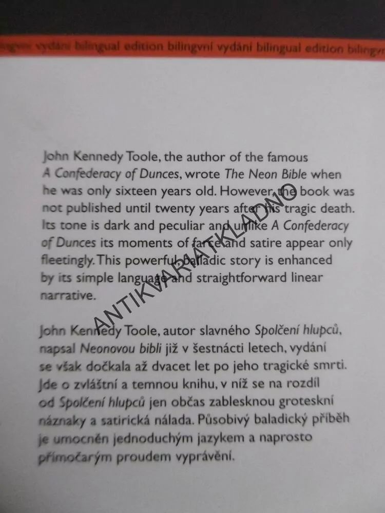 NEONOVÁ BIBLE, THE NEON BIBLE, JOHN KENNEDY TOOLE, DVOJJAZYČNÉ, **an