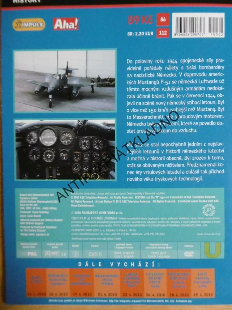 MESSERSCHMITT 262, LETECTVÍ, DOKUMENT DVD FILM 2.SVĚT.VÁLKA
