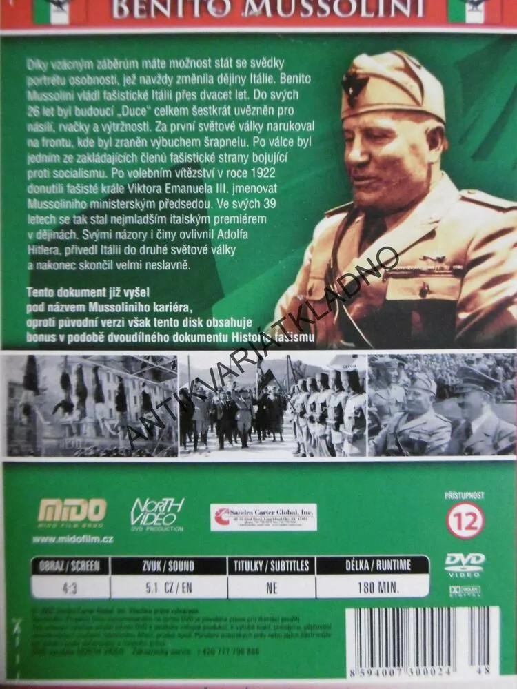 BENITO MUSSOLINI,DIKTÁTOR ŘÍMA, DOKUMENT DVD FILM 2.SVĚT.VÁLKA