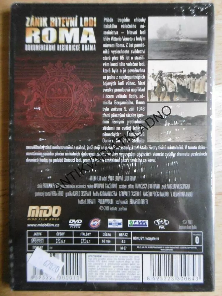 ZÁNIK BITEVNÍ LODI ROMA, DOKUMENT DVD FILM 2.SVĚT.VÁLKA,