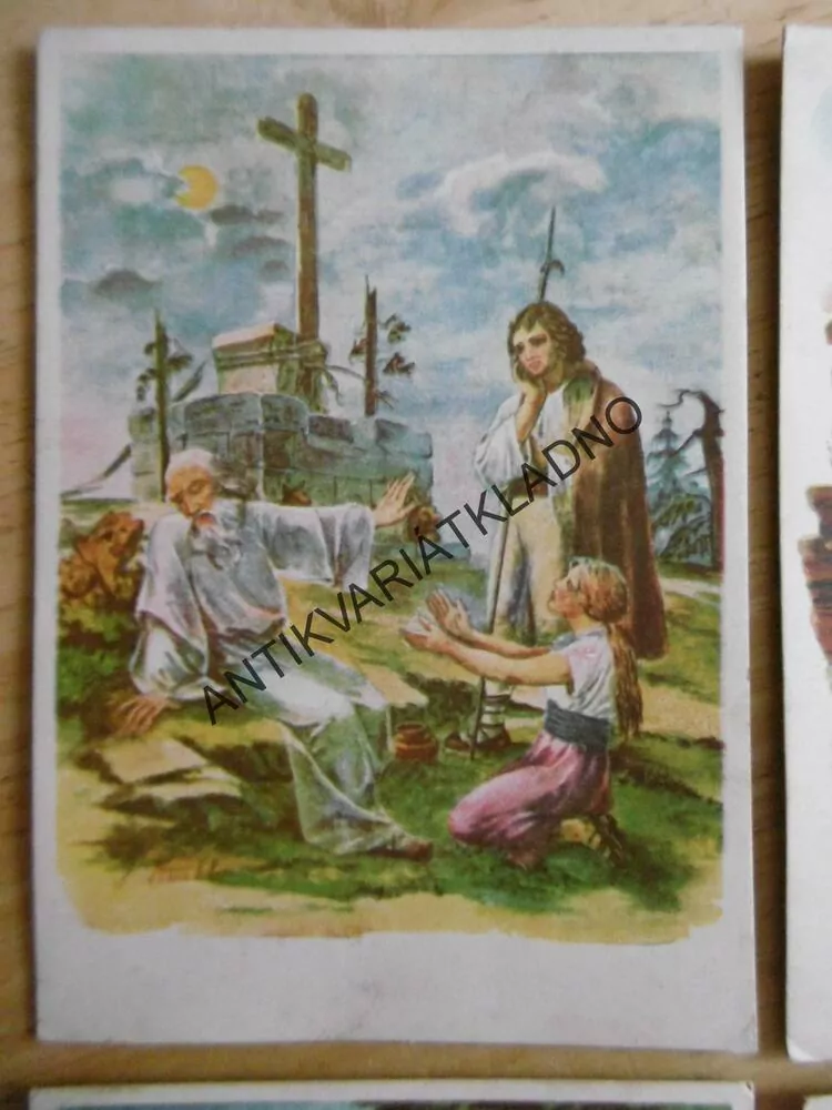 MLADÝ PÁR, DÍVKA, CHLAPEC, VESNICE, CHALUPA, DŘEVO, HRÁBĚ, STUDNA, KŘÍŽ, 4 KUSY