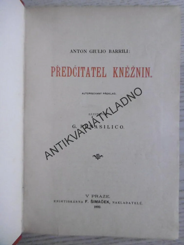 PŘEDČITATEL KNĚŽNIN, ANTON GIULIO BARRILI, 1892, **an