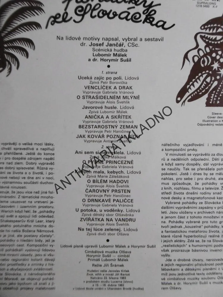 POHÁDKY ZE SLOVÁCKA,VRÁNOVÁ, ŠVEHLÍK, HANIČINEC AJ. LP