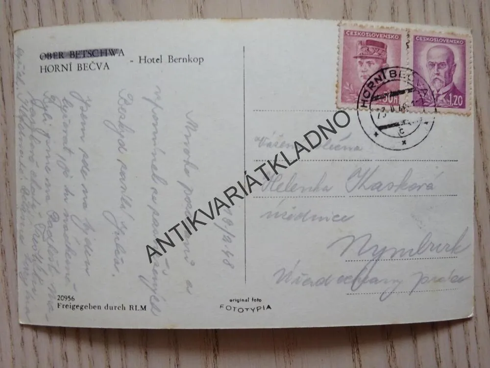 HORNÍ BEČVA, HOTEL BERNKOP, 1948, OKRES VSETÍN
