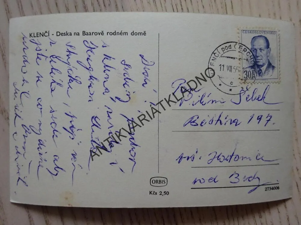 KLENČÍ POD ČERCHOVEM, OKRES DOMAŽLICE, DESKA NA BAAROVĚ RODNÉM DOMĚ, JINDŘICH ŠIMON BAAR, 1955