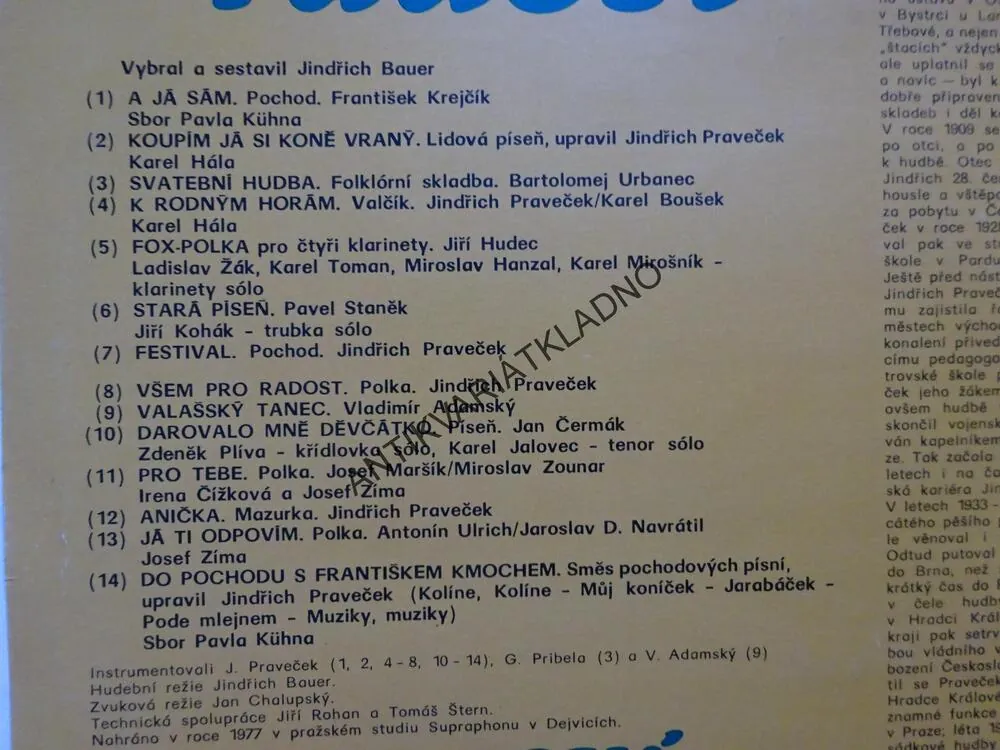 VŠEM PRO RADOST, DECHOVÁ HUDBA JINDŘICHA PRAVEČKA, LIDOVÉ PÍSNĚ, LP