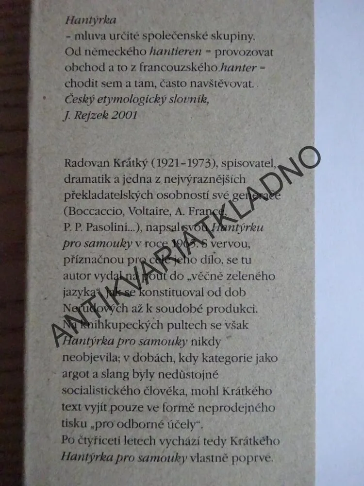 HANTÝRKA PRO SAMOUKY, RADOVAN KRÁTKÝ, **an