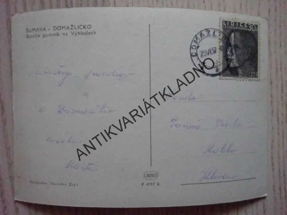 ŠUMAVA, DOMAŽLICKO, BAARŮV POMNÍK NA VÝHLEDECH, OKRES DOMAŽLICE, 1957