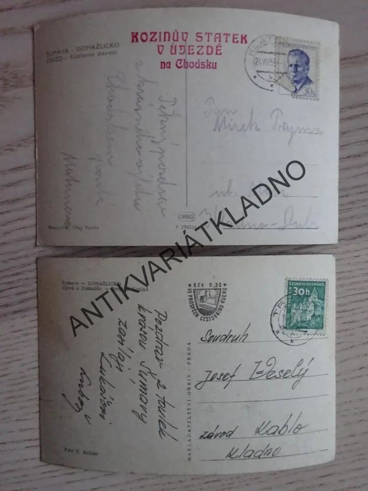 ŠUMAVA, DOMAŽLICKO, ÚJEZD, KOZINŮV STATEK, JAN SLADKÝ KOZINA, OKRES DOMAŽLICE, 1959, 2 KUSY