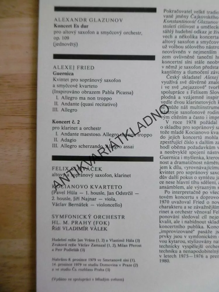 GLAZUNOV FRIED, KONCERT PRO SAXOFON, FELIX SLOVÁČEK, LP