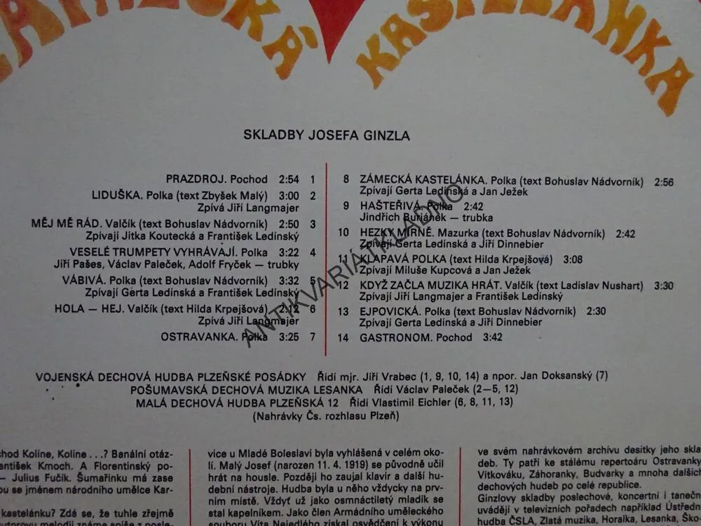 ZÁMECKÁ KASTELÁNKA, JOSEF GINZL, DECHOVKA, LIDOVÉ PÍSNĚ, LP