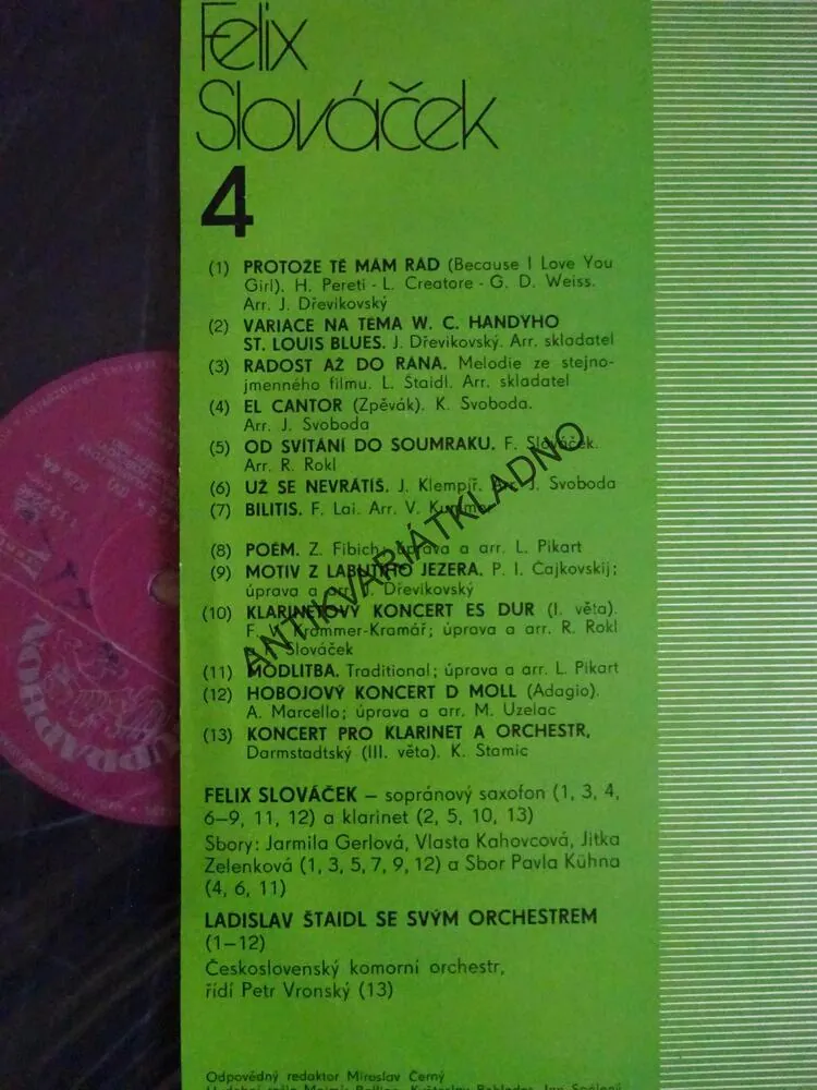 FELIX SLOVÁČEK A LADISLAV ŠTAIDL SE SVÝM ORCHESTREM 4, DECHOVKA, LIDOVÉ PÍSNĚ, LP
