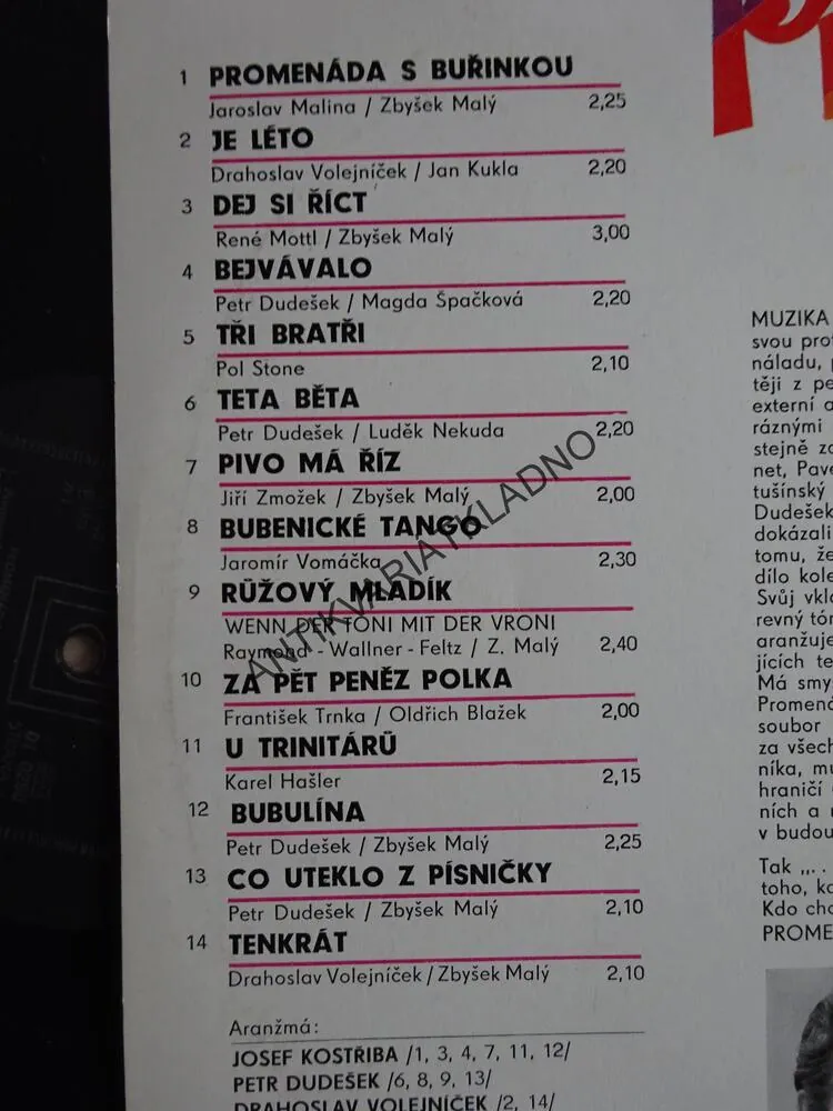 PROMENÁDA S BUŘINKOU, DECHOVKA, LIDOVÉ PÍSNĚ, LP