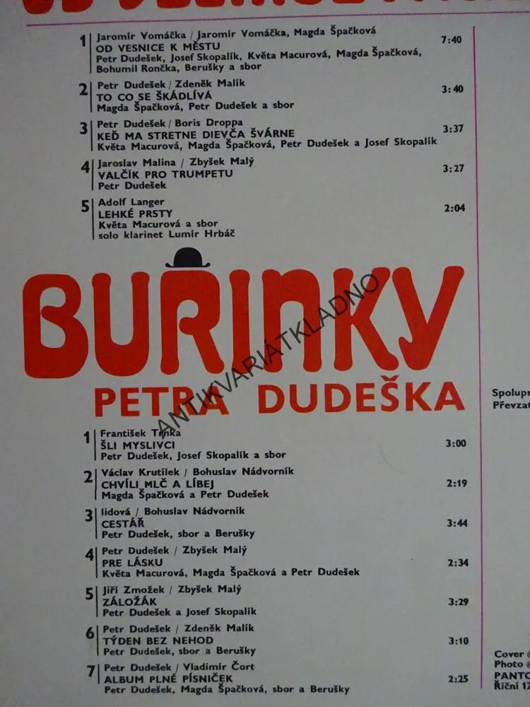 BUŘINKY PETRA DUDEŠKA, OD VESNICE K MĚSTU, DECHOVKA, LIDOVÉ PÍSNĚ, LP
