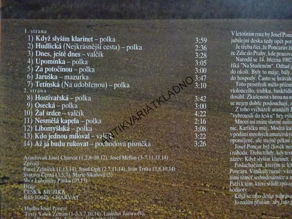 MELODIE JOSEFA PONCARA, KDYŽ SLYŠÍM KLARINET, DECHOVKA, LIDOVÉ PÍSNĚ, LP
