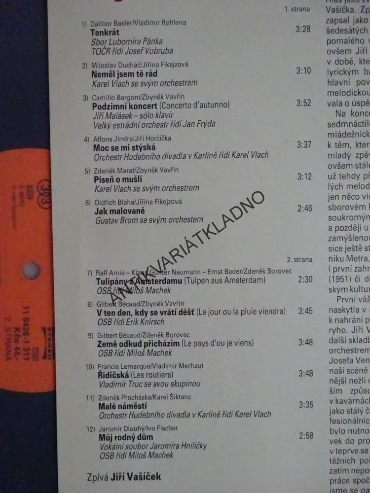 TENKRÁT..., JIŘÍ VAŠÍČEK, DECHOVKA, LIDOVÉ PÍSNĚ, LP