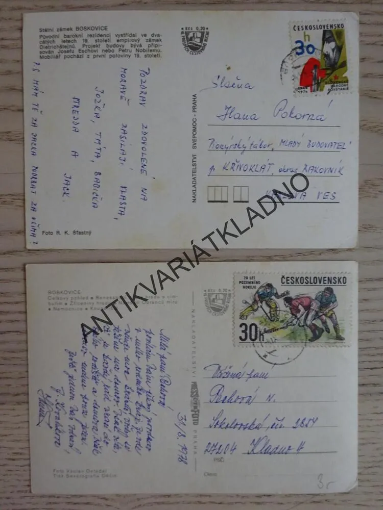 BOSKOVICE, CELKOVÝ POHLED, RENESANČNÍ BRÁNA HRADU, ZŘÍCENINY HRADU, OKRES BLANSKO, 2 KUSY