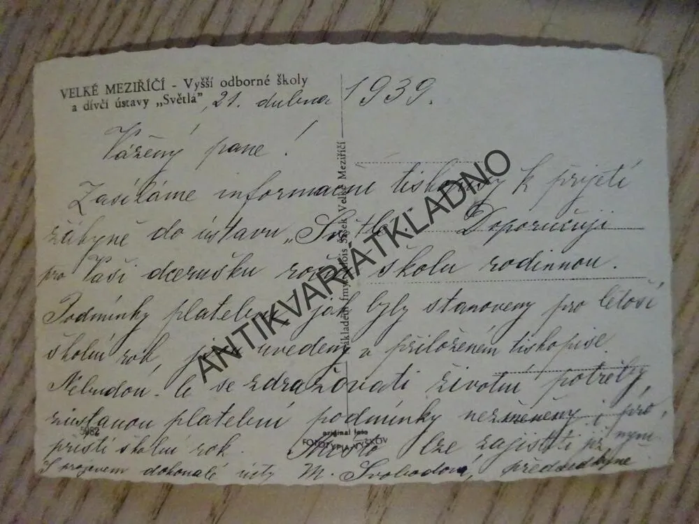 VELKÉ MEZIŘÍČÍ, VYŠŠÍ ODBORNÉ ŠKOLY, DÍVČÍ ÚSTAV SVĚTLÁ, 1939, OKRES ŽĎÁR NAD SÁZAVOU