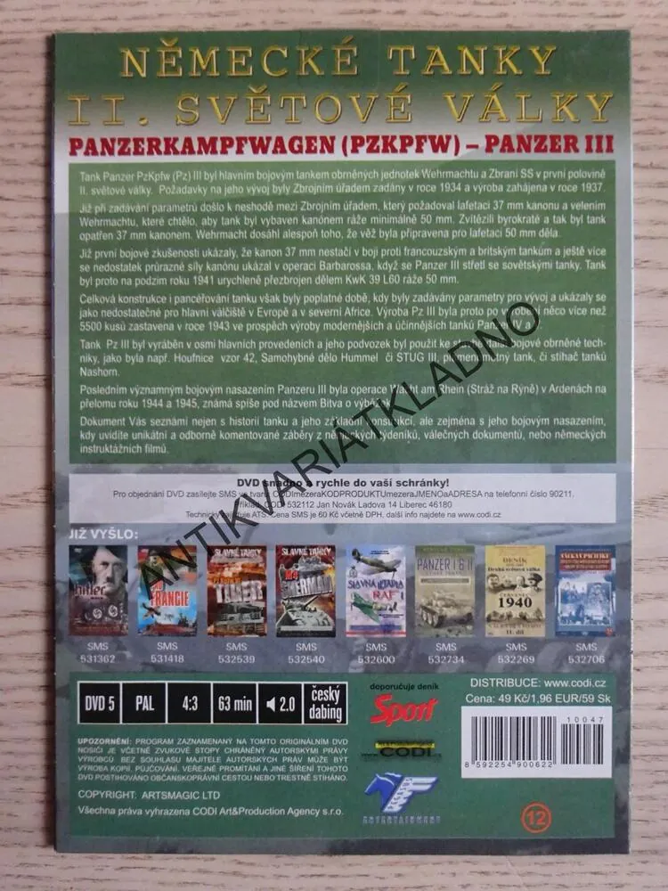 PANZER III, NĚMECKÉ TANKY II. SVĚTOVÉ VÁLKY, VÁLEČNÝ DOKUMENT, DVD FILM