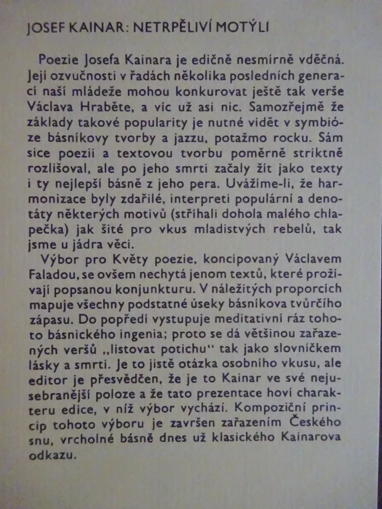 NETRPĚLIVÍ MOTÝLI, JOSEF KAINAR, **an
