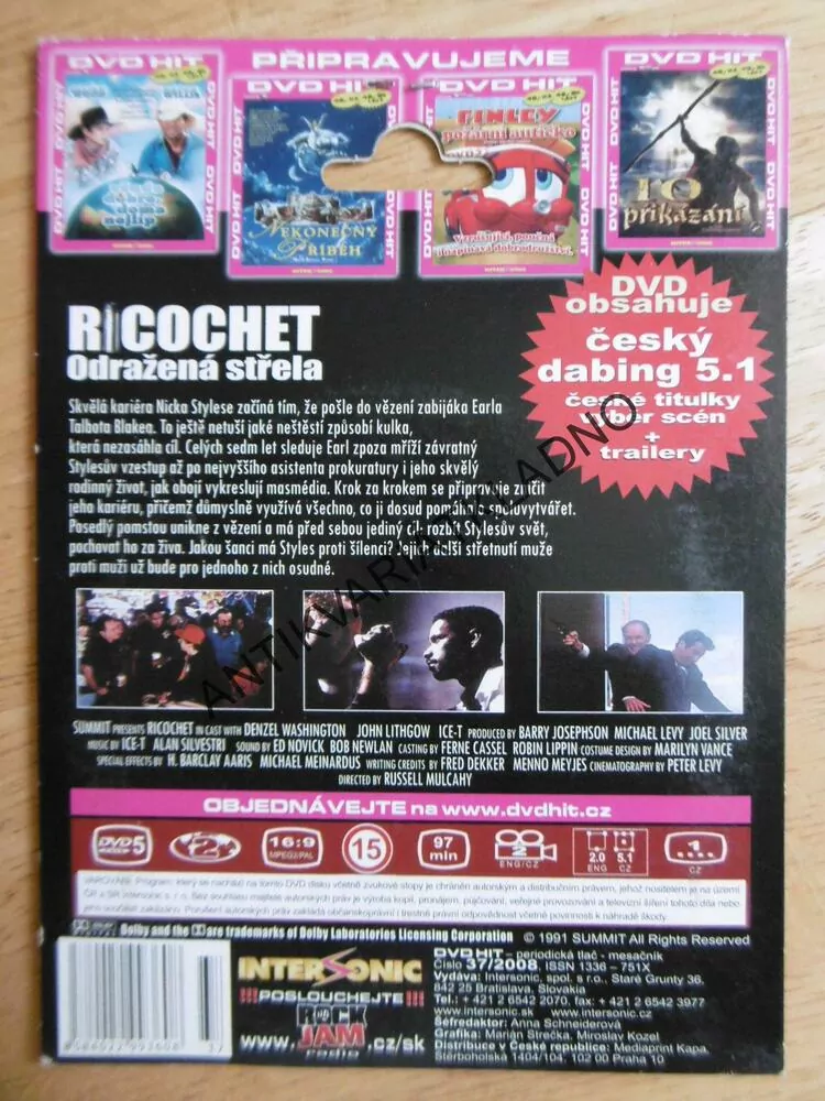 RICOCHET, ODRAŽENÁ STŘELA, DVD FILM